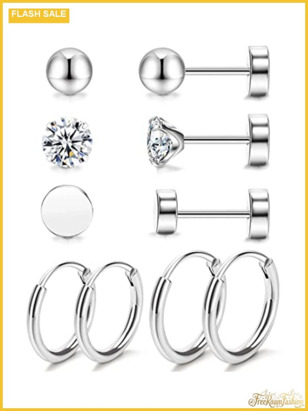 Titanium Earrings Set - 5 Pairs Stud & Hoop with Cubic Zirconia for Sensitive